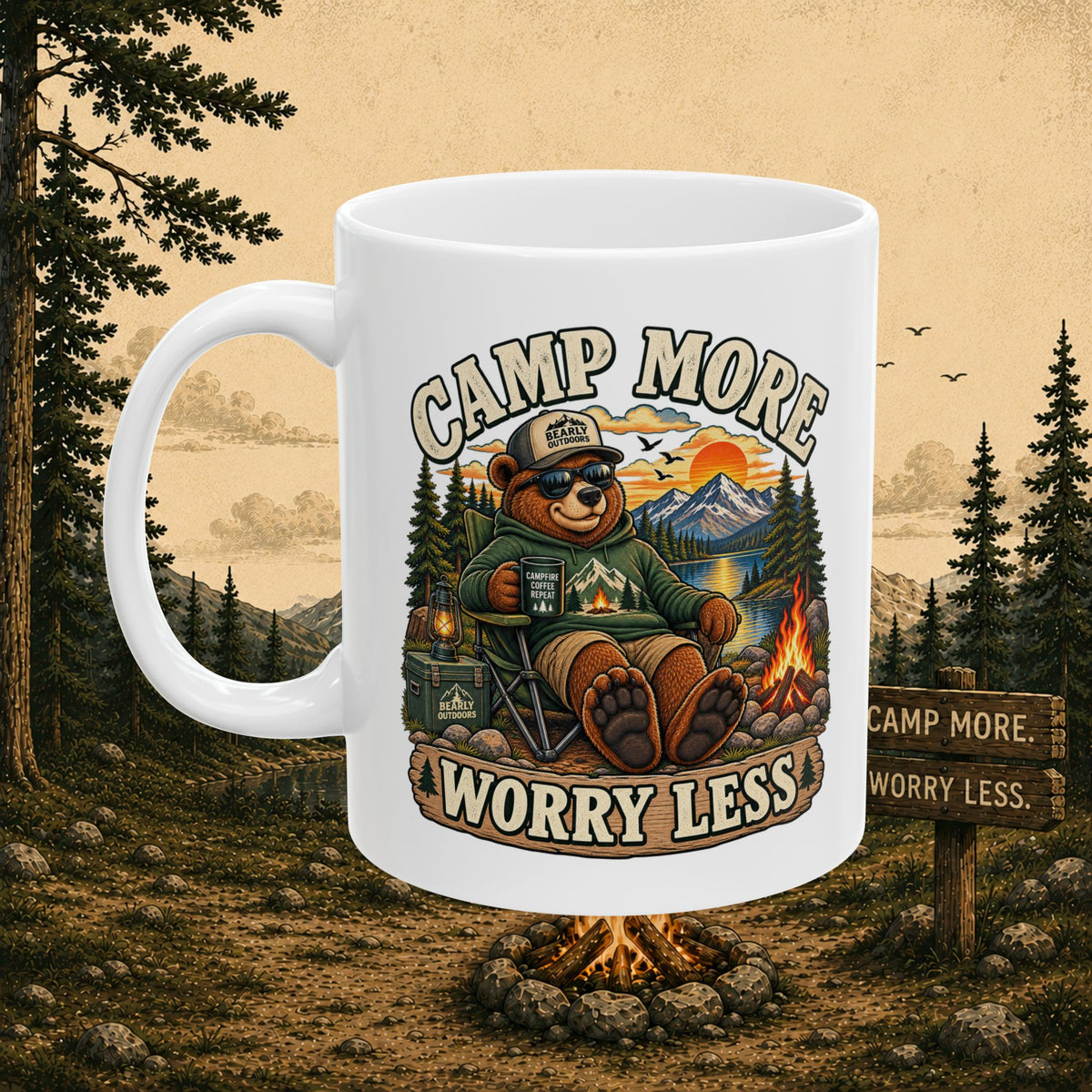 Camp More Worry Less Camping Coffee Mug, 11oz Ceramic