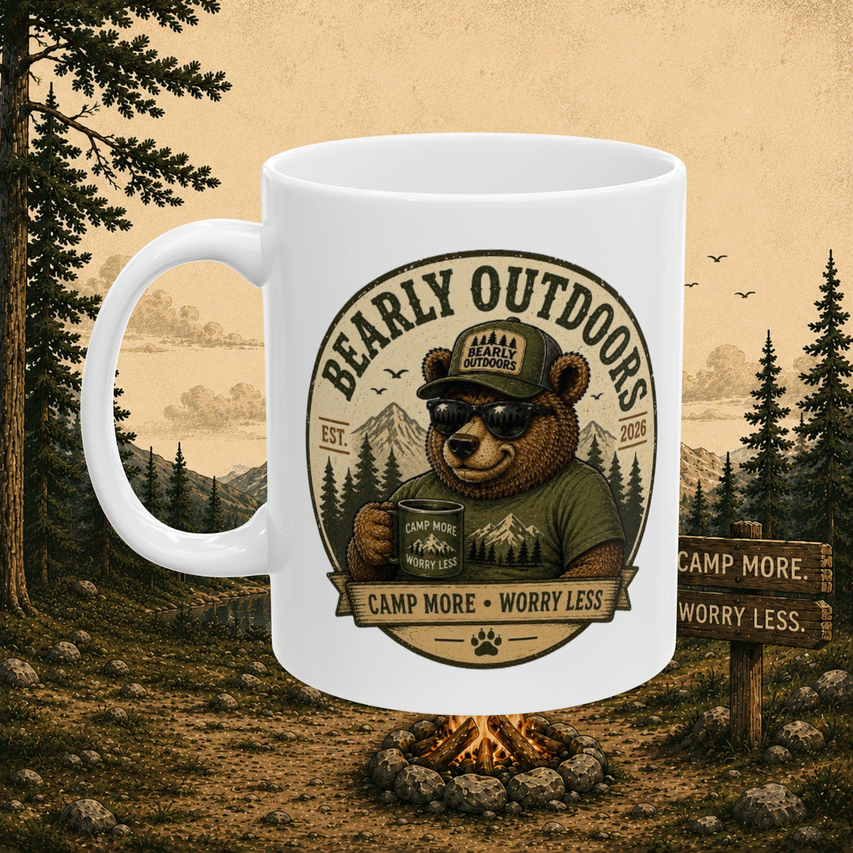Bearly Outdoors Camping Coffee Mug, 11oz Ceramic